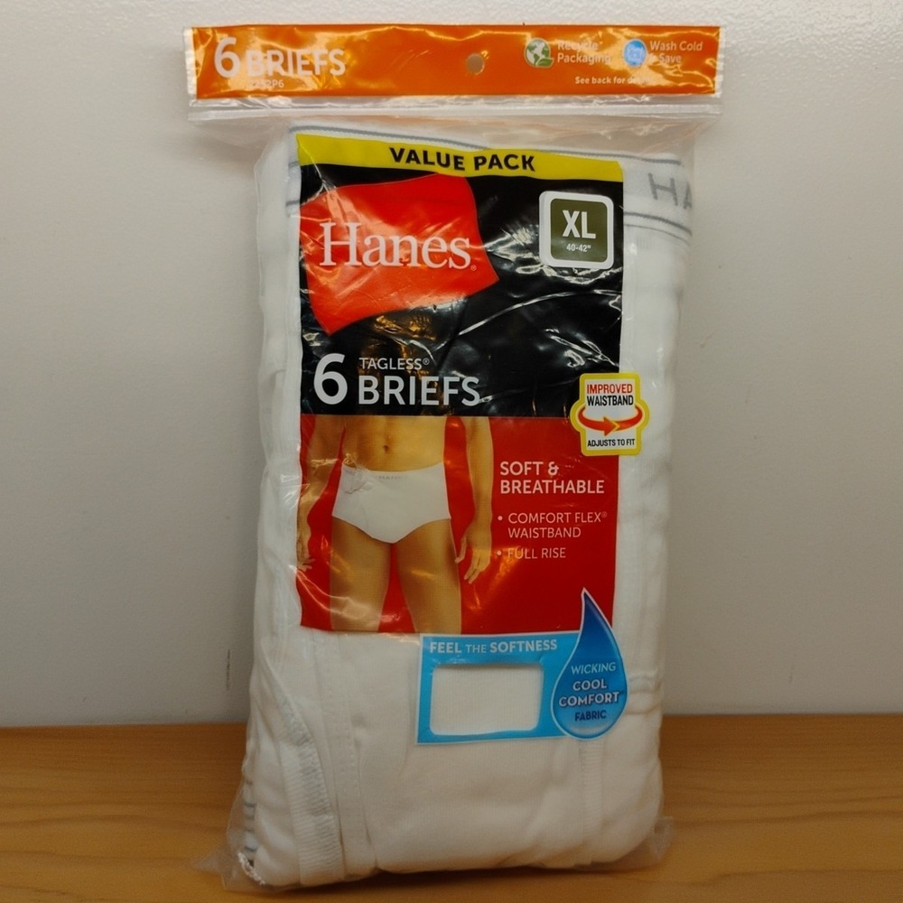 Hanes Briefs 6-Pack Men's Tagless Underwear XL ComfortSoft Wicking 40-42